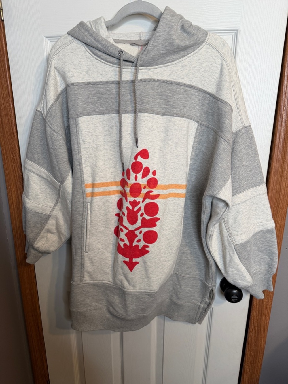 Free People Light Grey and Red Graphic Cowl Sweater with Orange Stripe - Picture 2 of 8